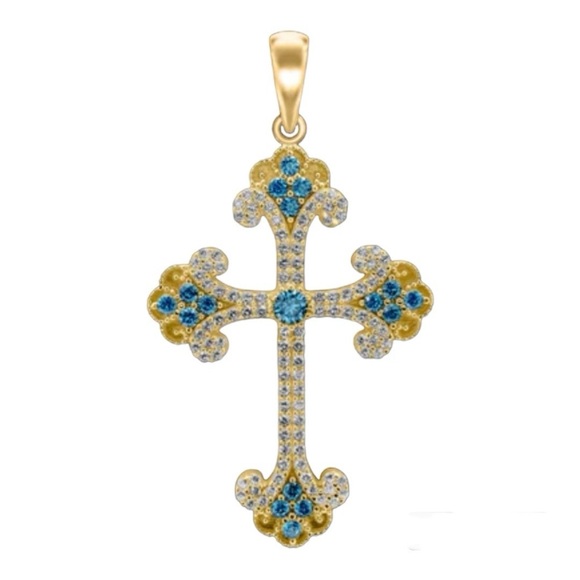 NWT - 18K Yellow Gold over Sterling Silver Budded Cross Pendant w Light Blue CZs
